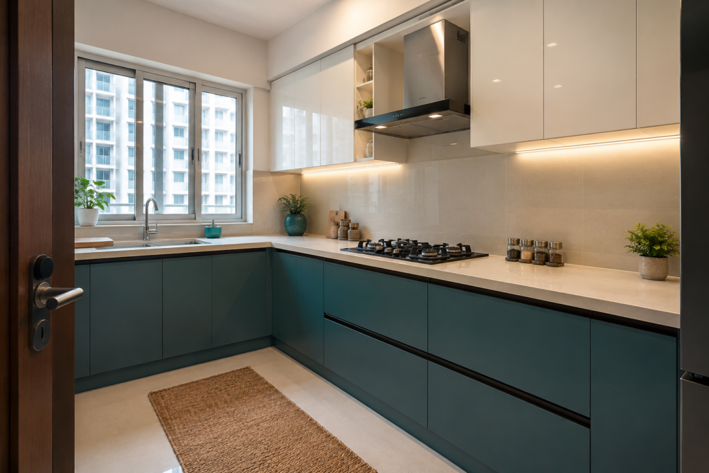 Teal blue small modular kitchen with white upper cabinets in a compact Noida apartment flat layout