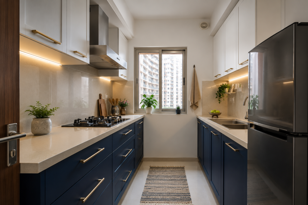 Two-tone blue and white parallel kitchen design in a compact Noida flat with matte finish cabinets