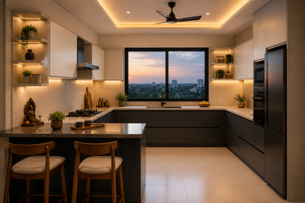 Two-tone c shaped kitchen with charcoal base cabinets, off-white uppers, handleless Gola profile shutters in a modern Noida apartment
