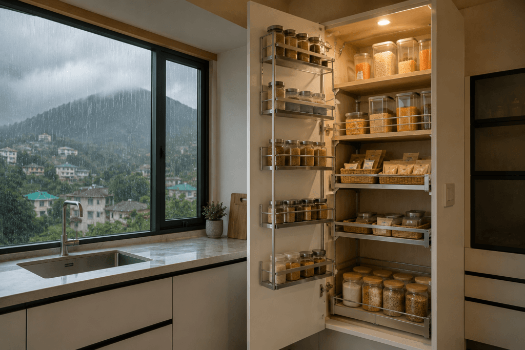 A waterproof BWR plywood modular kitchen pantry unit installed in a Dehradun apartment with moisture-resistant edge banding and SS304 wire baskets during monsoon season