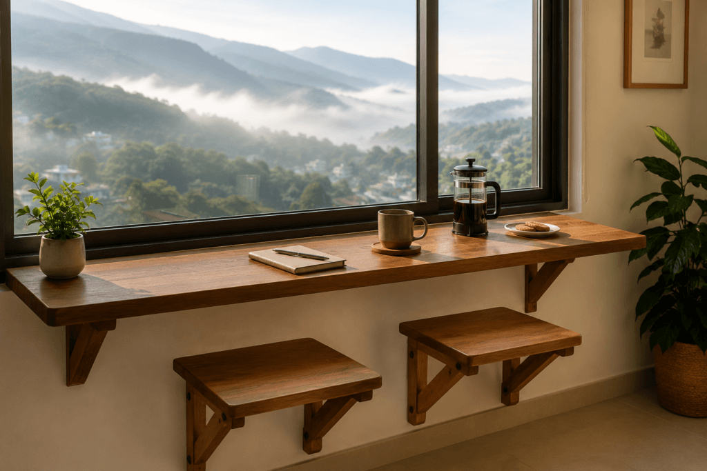 Window-facing breakfast nook with reclaimed wood counter and mountain view in a Dehradun hill home