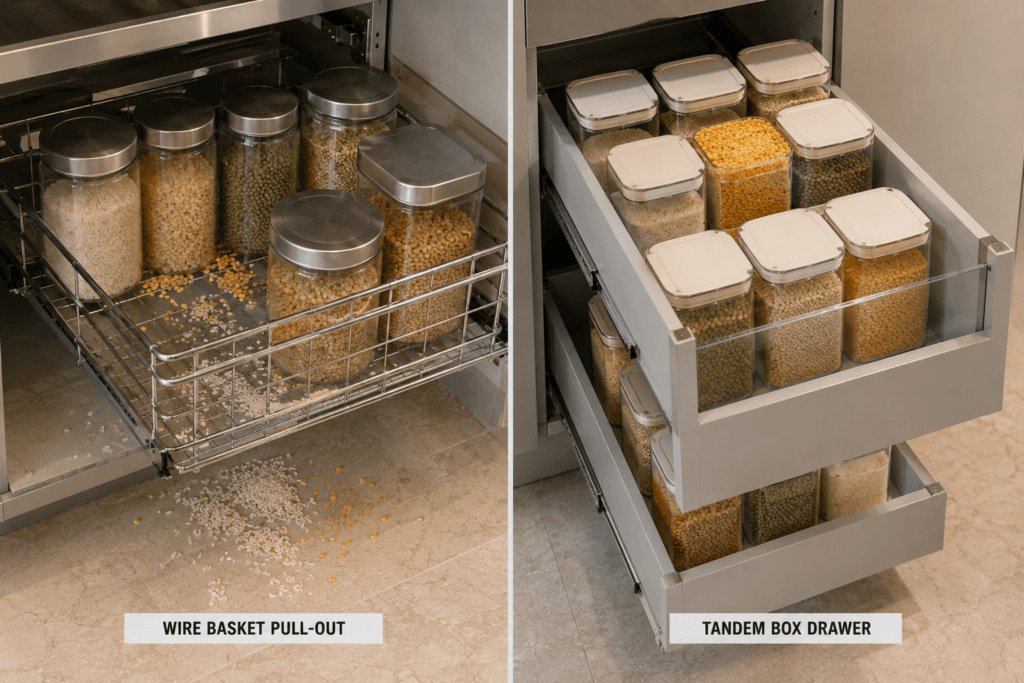 Side-by-side comparison of a wire basket pull-out pantry and a solid tandem box drawer pantry