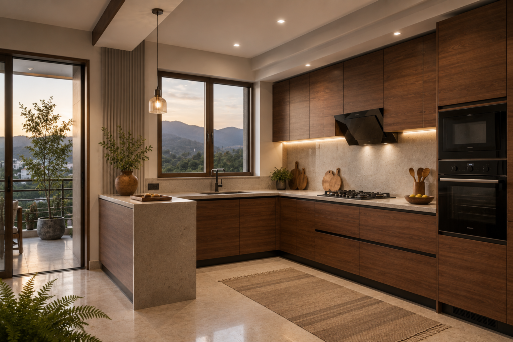 Walnut wood grain sublimated aluminium kitchen cabinet in a warm modern kitchen in Dehradun