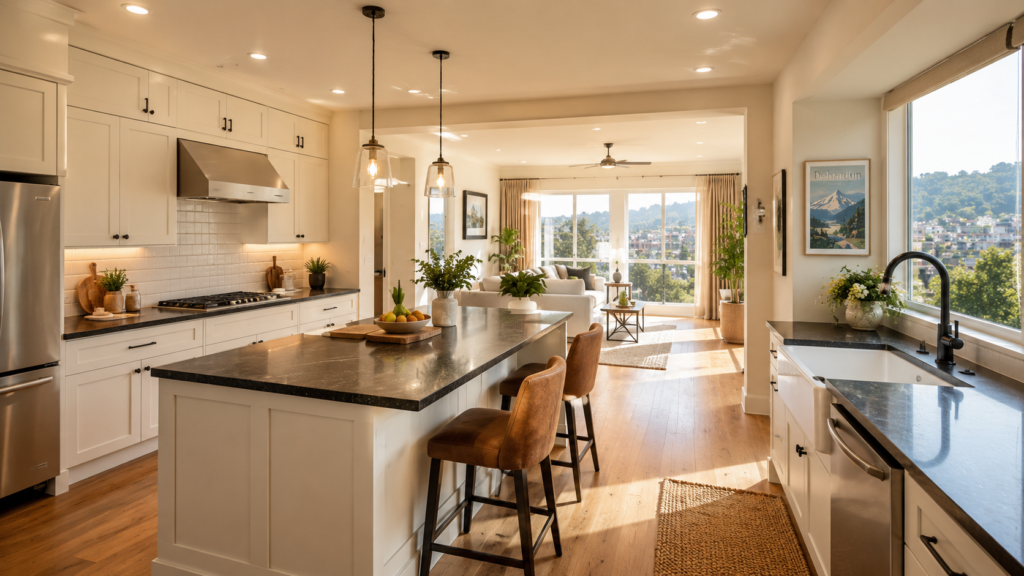 Open-plan American style kitchen with white shaker cabinets and quartz island in a bright Indian apartment
