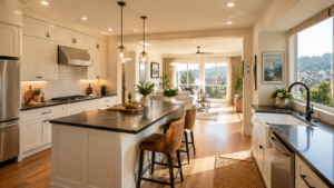 Open-plan American style kitchen with white shaker cabinets and quartz island in a bright Indian apartment