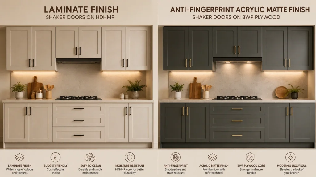 Comparison of basic and premium American modular kitchen finishes in India showing laminate vs acrylic matte shutters