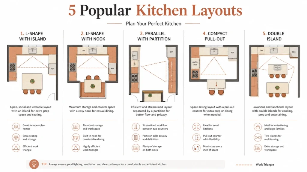 Five American kitchen layout floor plan options for Indian homes, L-shaped, U-shaped, parallel, compact, and double-island