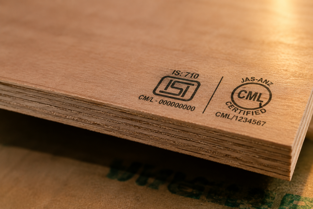 BIS IS 710 certification stamp and CML number on the edge of a BWP plywood sheet for kitchen cabinet use