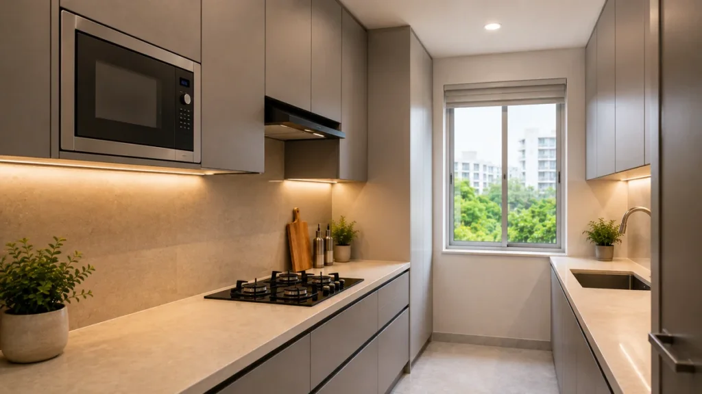 Built-in microwave in modular cooking wall cabinet of a small parallel kitchen design for Indian apartment
