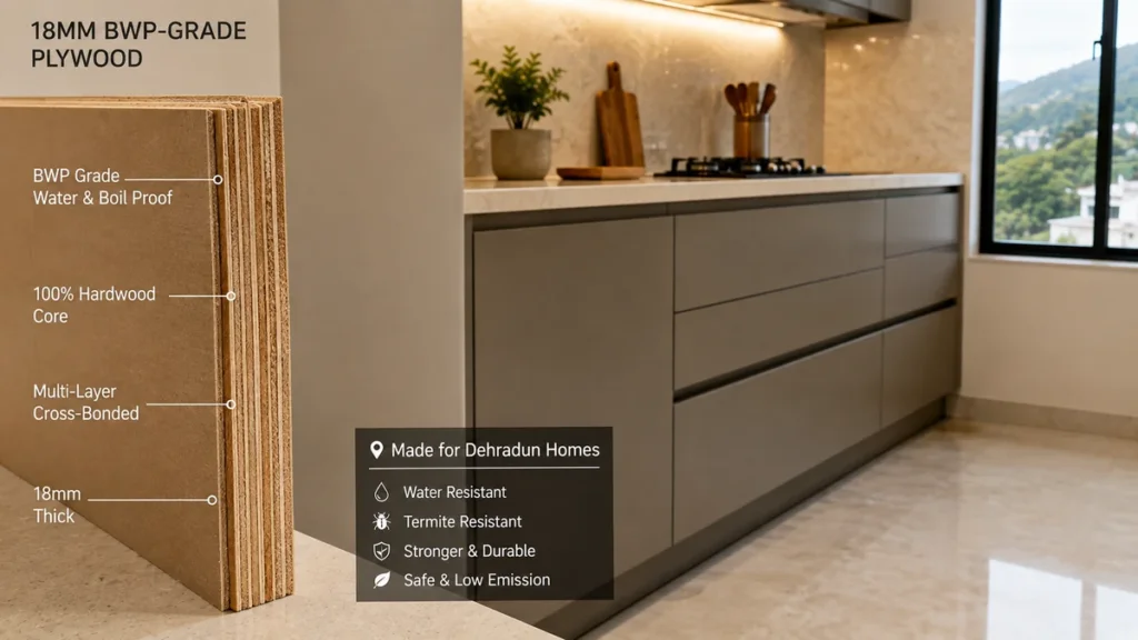 BWP-grade plywood carcass of a modular kitchen cabinet showing cross-section, suitable for humid Dehradun climate