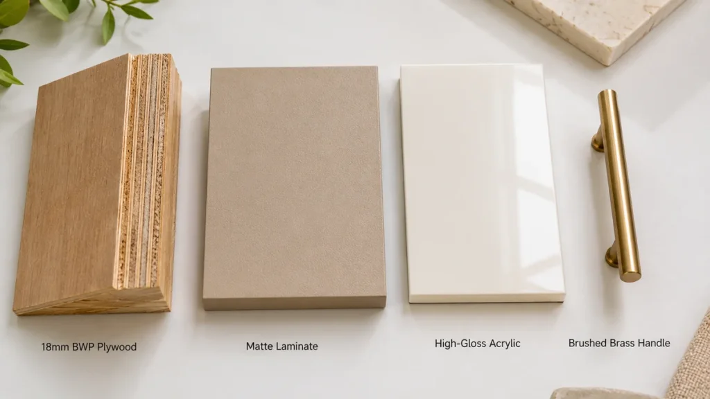 Material samples for a Diwali kitchen upgrade including BWP plywood cross-section, matte laminate swatch, and brushed brass Hafele handle