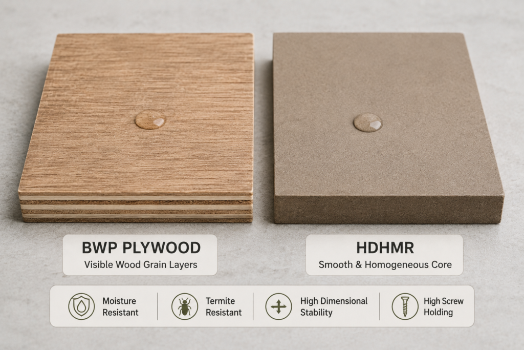 Cross-section comparison of BWP plywood and HDHMR board