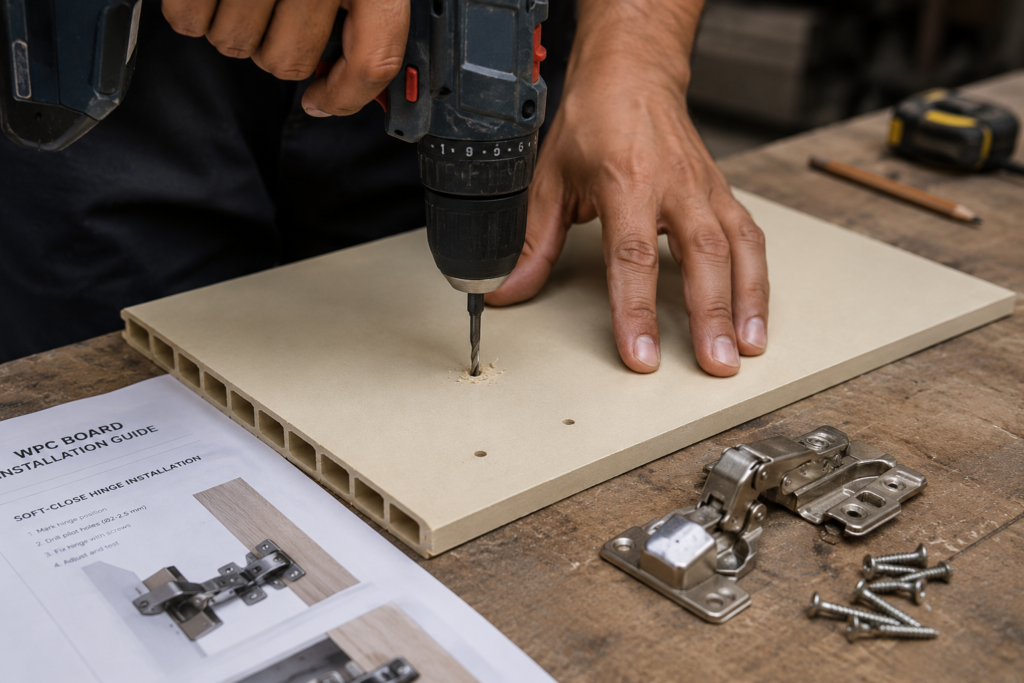 Carpenter pre-drilling pilot holes in a high-density WPC board for kitchen hinge installation