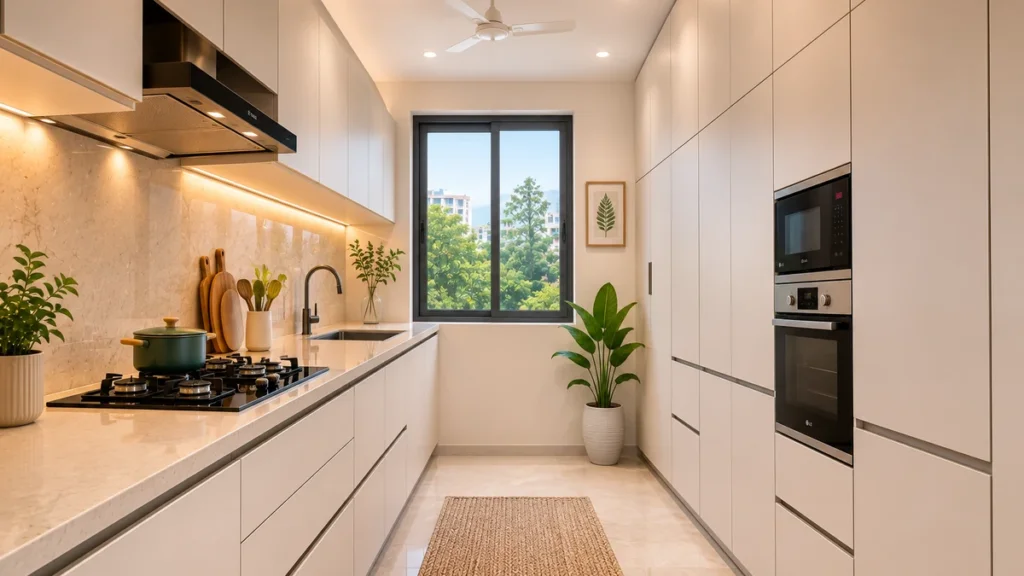 Floor-to-ceiling handleless white matte modular kitchen cabinets in a small parallel kitchen layout