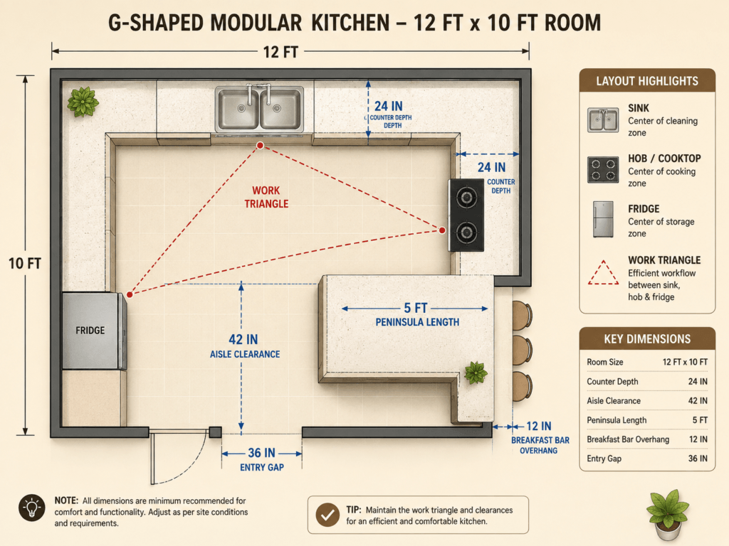 Overhead floor plan diagram of a G-shaped modular kitchen showing 36-inch aisle clearance and 10x10 ft minimum room dimensions