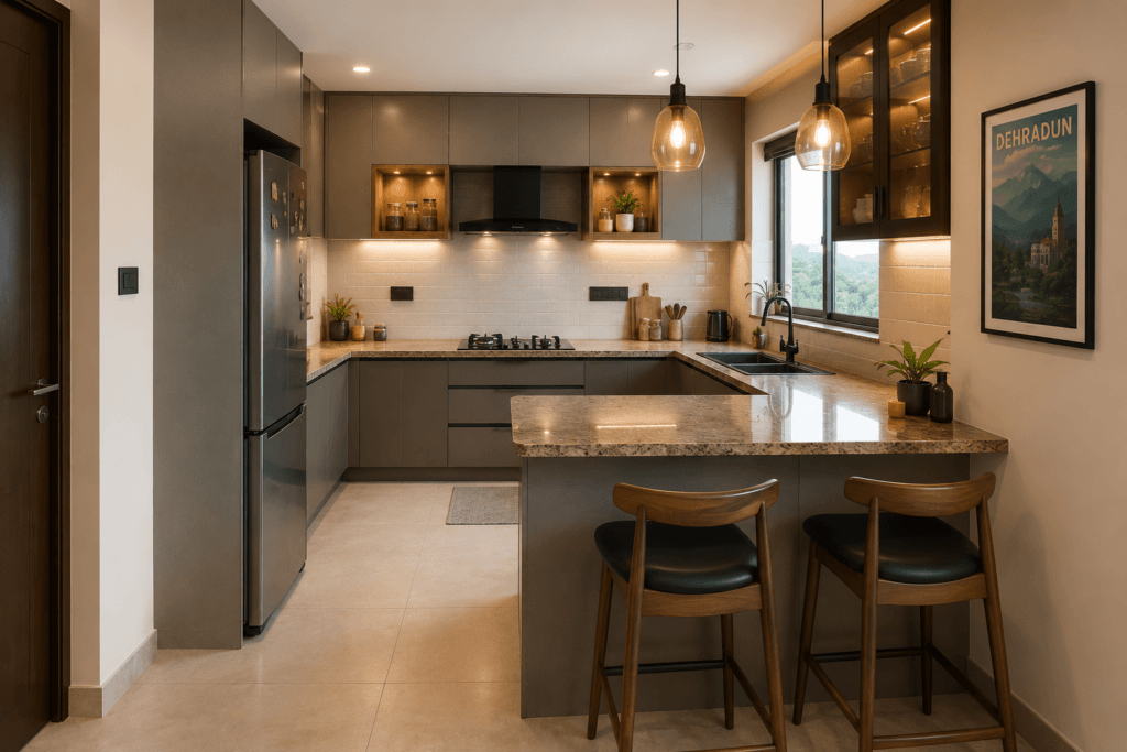 modular kitchen with HDHMR carcass, laminate finish, and granite peninsula countertop in a Dehradun home