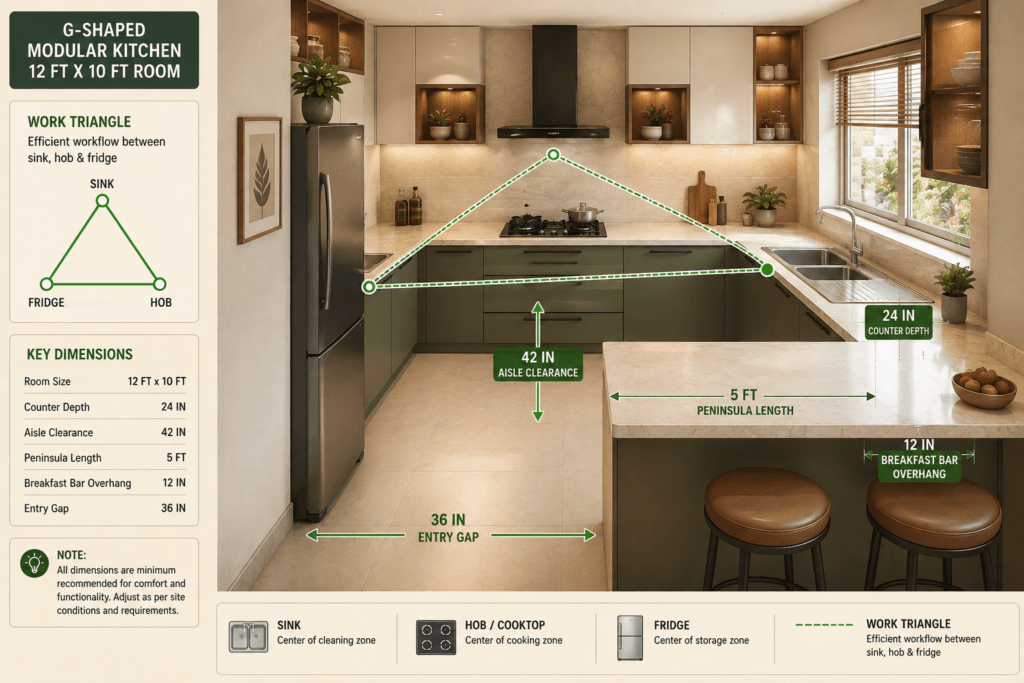 kitchen work triangle diagram with hob on wall, sink under window, and fridge near entry in a Dehradun duplex kitchen
