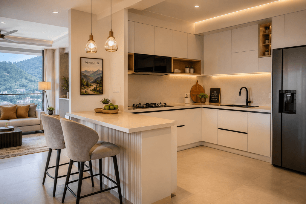 G-shaped modular kitchen with white HDHMR cabinets and a peninsula breakfast bar in a Dehradun open-plan apartment