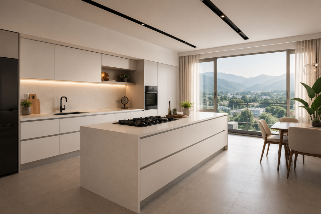 Modern handleless German modular kitchen with HDHMR carcass installed in a Dehradun hill-view apartment
