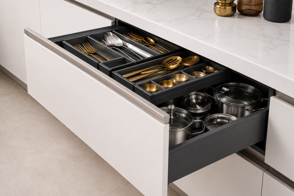 German soft-close drawer runner in open position inside a modular kitchen installed in a Noida apartment