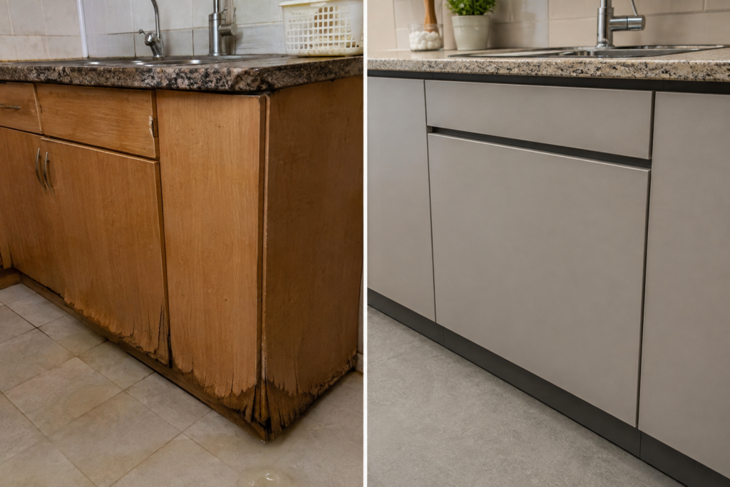 Side-by-side comparison of swollen carpenter kitchen cabinet near sink versus intact German modular cabinet in similar location