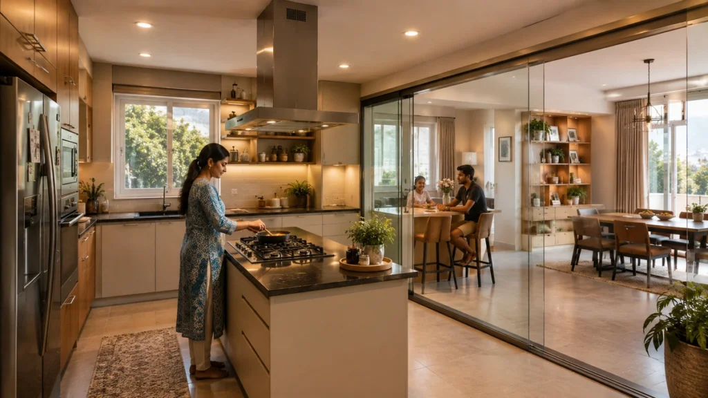 Tempered glass sliding partition partially open between Indian cooking zone and open living room in American kitchen