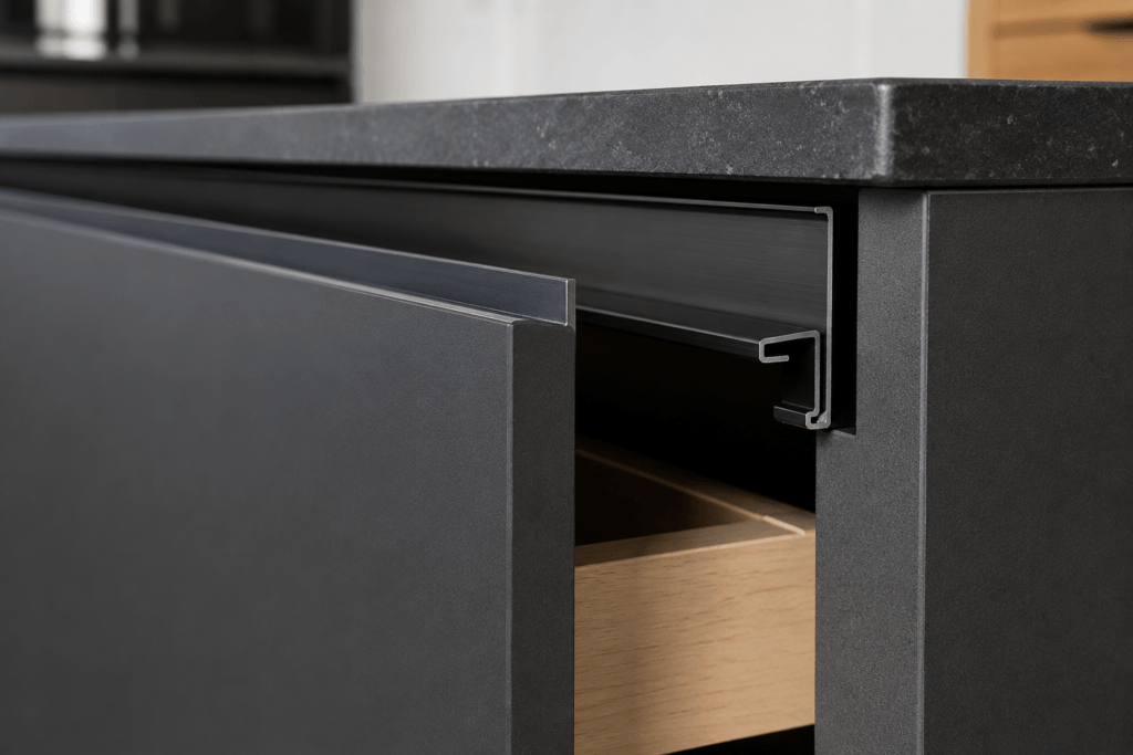 Close-up cross-section of an aluminum Gola profile channel recessed into a modular kitchen carcass with ultra-matte shutter