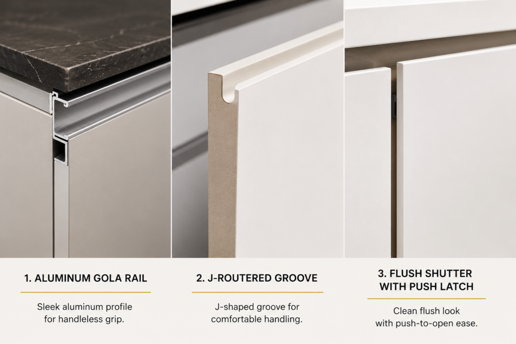 Side-by-side comparison of gola profile aluminum channel, J-pull routered door groove, and push-to-open latch mechanism for modular kitchen cabinets
