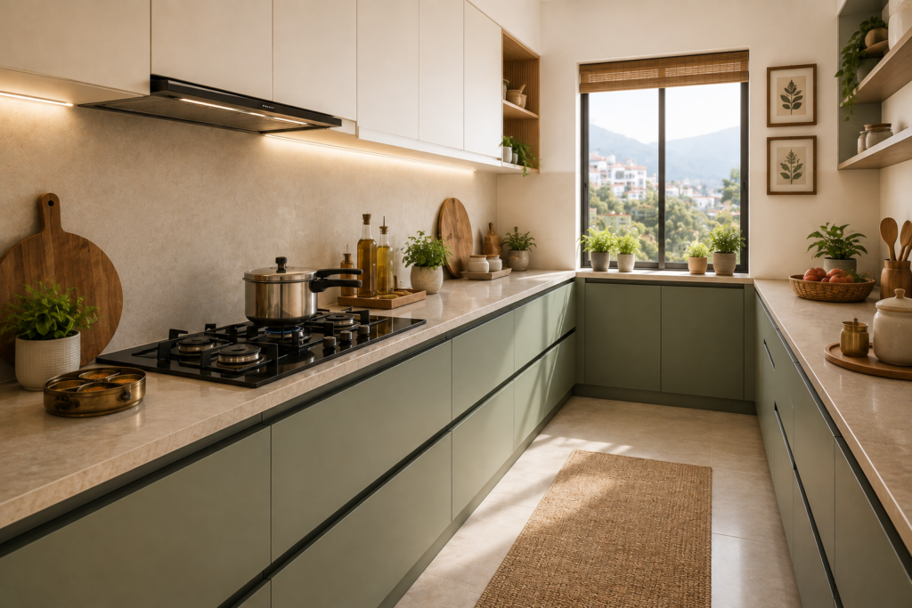 Indian modular kitchen with parallel layout showing gola profile base units and J-pull upper cabinets during active cooking in a Dehradun home