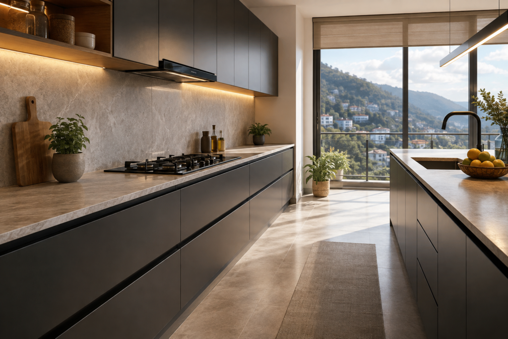 Sleek handleless modular kitchen with matte shutters and anodized black gola profile rail installed in a Dehradun apartment