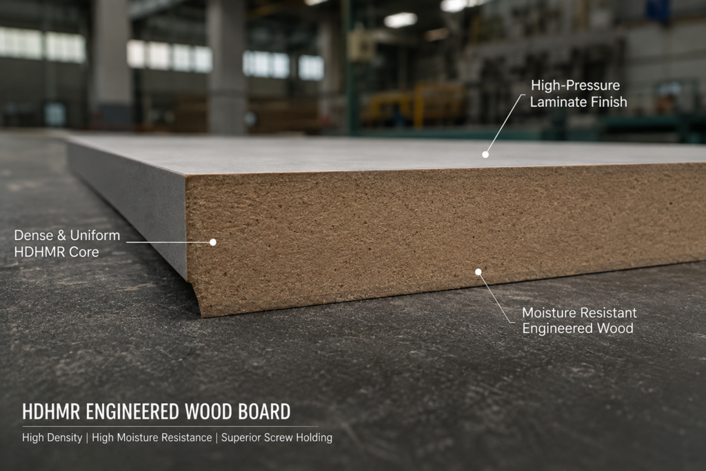 HDHMR board cross-section showing moisture-resistant resin core suitable for Dehradun monsoon kitchens
