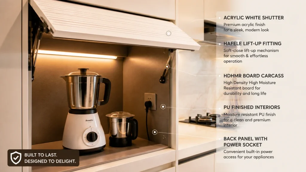 HDHMR carcass and soft-close hinge inside an appliance garage cabinet at a Bhumim kitchen installation in Dehradun