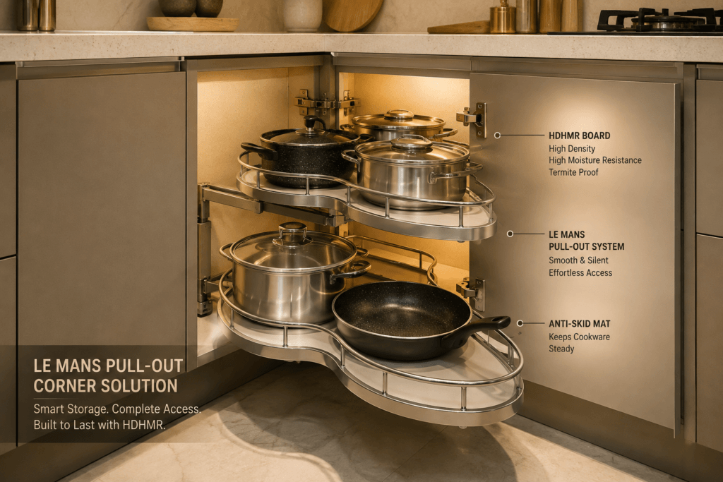 Close-up of HDHMR carcass material and LeMans corner pull-out hardware