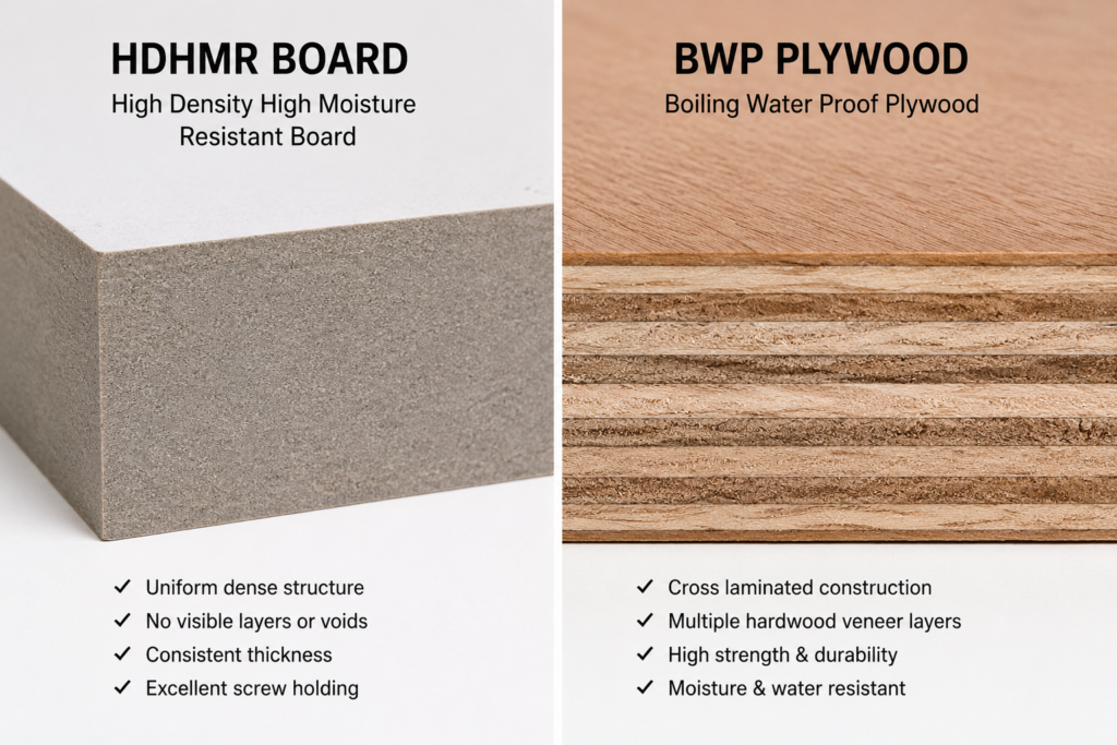 Detailed cross-section comparison of HDHMR board fibre structure versus BWP plywood veneer layers for kitchen cabinets