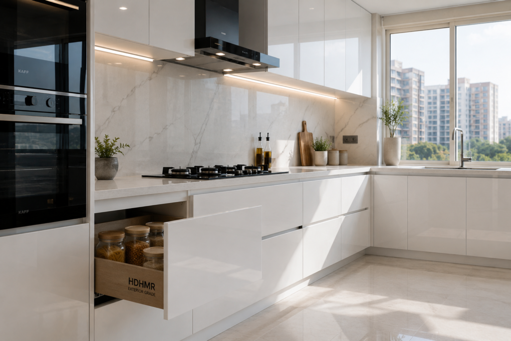 High-gloss white acrylic modular kitchen cabinets with HDHMR board in a Noida apartment, bright light reflection