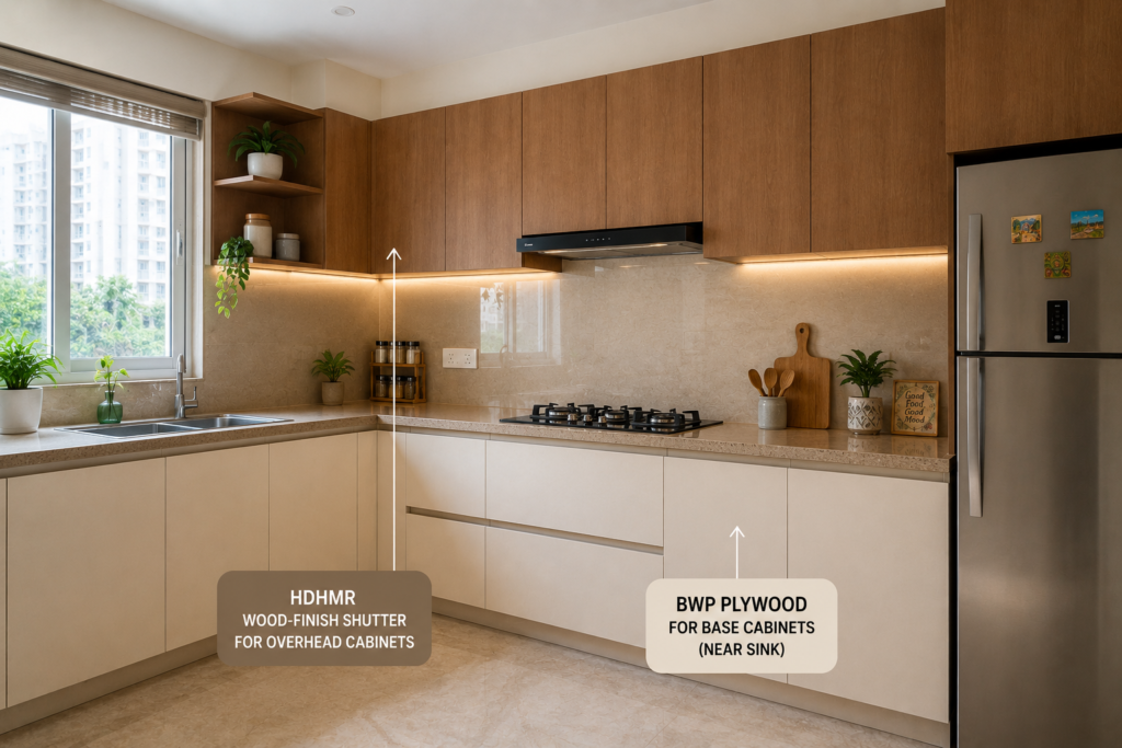 Modular kitchen cabinet zone map showing BWP plywood for under-sink base and HDHMR for overhead and shutter panels in a Dehradun home