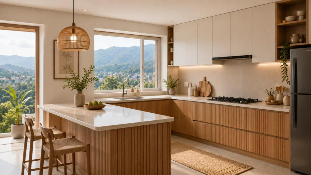 Japandi modular kitchen design in a Dehradun hill-view apartment with natural oak panels and handleless beige cabinets