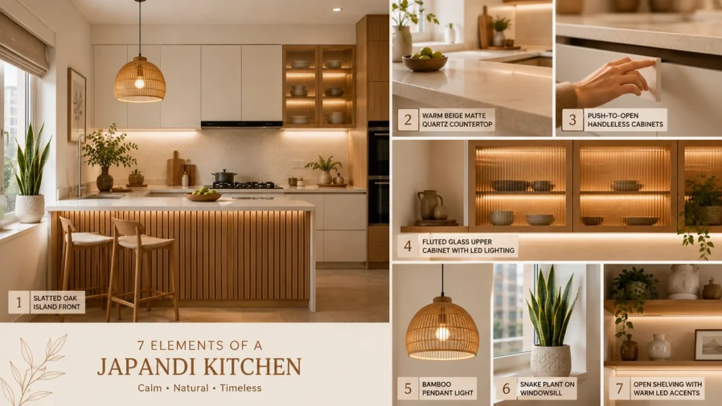 Seven elements of Japandi kitchen design including slatted wood panels, matte quartz countertop, and fluted glass cabinets in an Indian modular kitchen