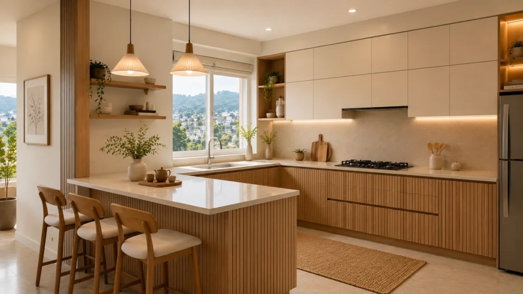Japandi kitchen design with handleless slatted oak cabinets and matte quartz countertop in an Indian apartment