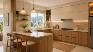 Japandi kitchen design with handleless slatted oak cabinets and matte quartz countertop in an Indian apartment