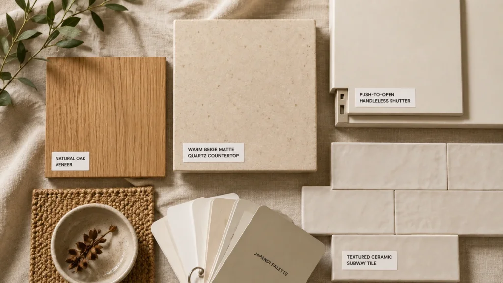 Material samples for Japandi modular kitchen in India showing BWP plywood carcass, oak veneer shutter, and matte quartz countertop swatch