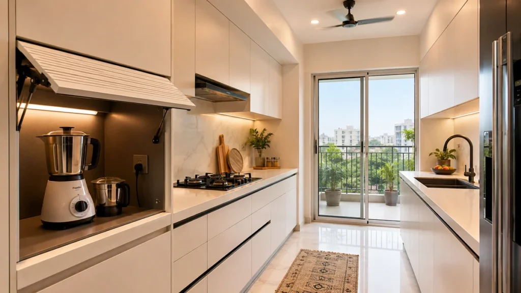 Modern modular kitchen with hidden appliance garage cabinet in a Dehradun apartment, clean countertop visible