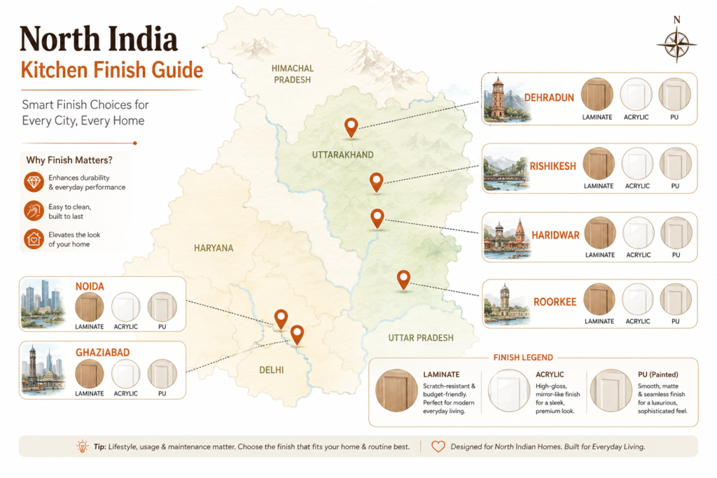 Map-style infographic showing recommended kitchen finishes for Dehradun, Noida, Haridwar, Rishikesh, Roorkee, and Ghaziabad based on climate