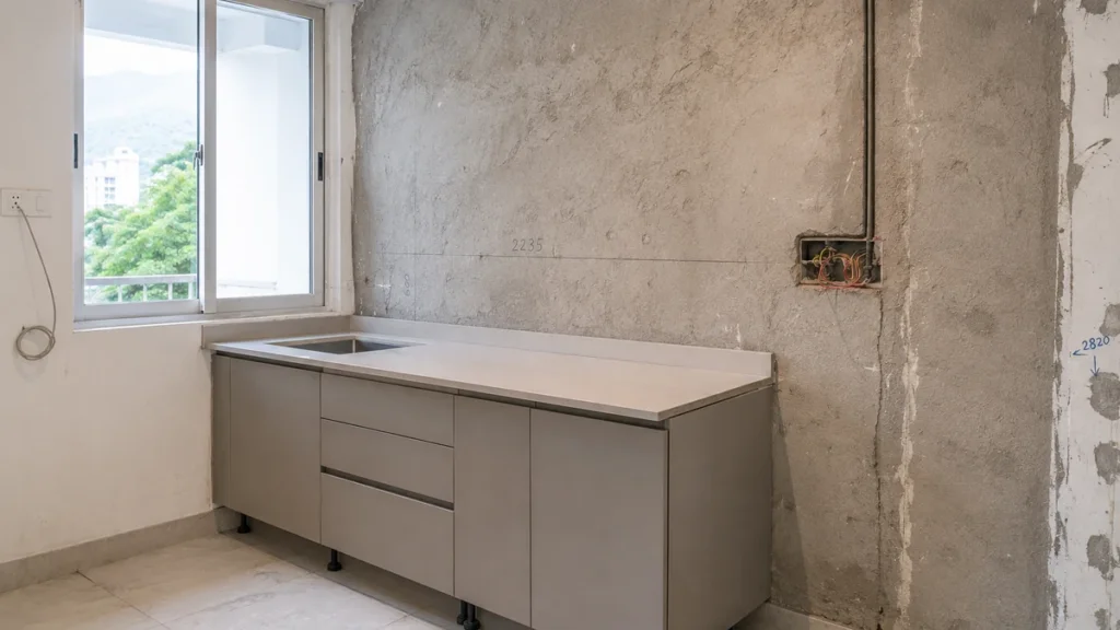 A partially installed modular kitchen showing a completed base cabinet run next to an unfinished wall that is not ready for installation