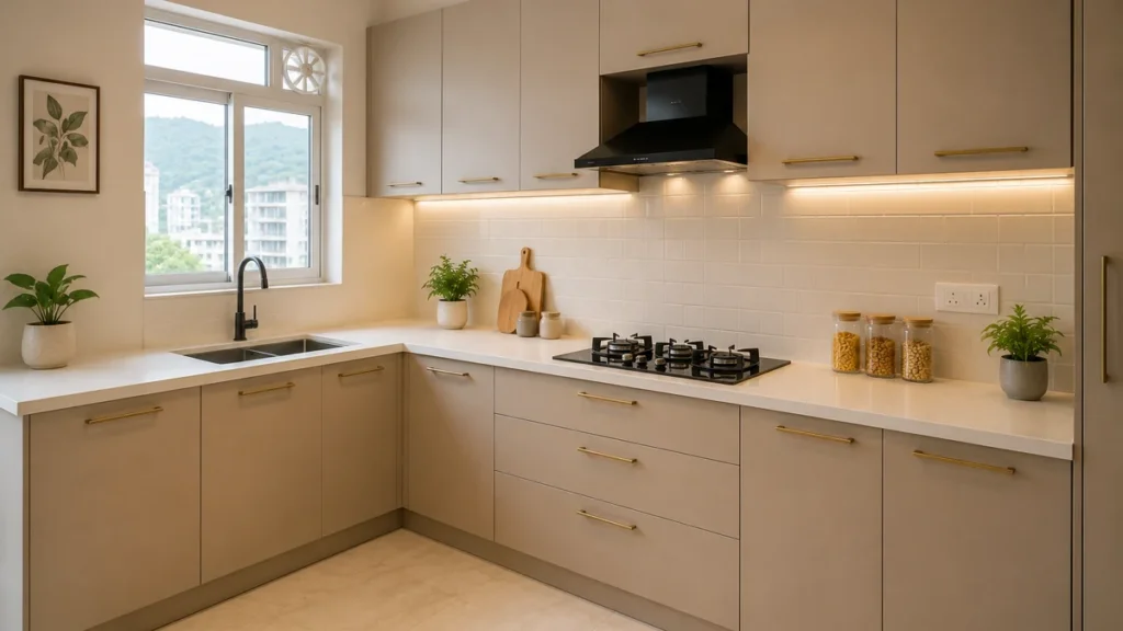 kitchen with matte beige cabinets and warm brass handles installed in a Dehradun apartment before Diwali