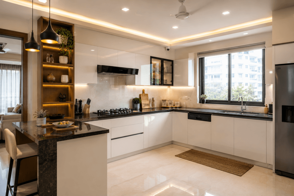 L-shaped modular kitchen with IS 710 BWP plywood carcass and acrylic shutters in a modern Dehradun apartment with warm lighting