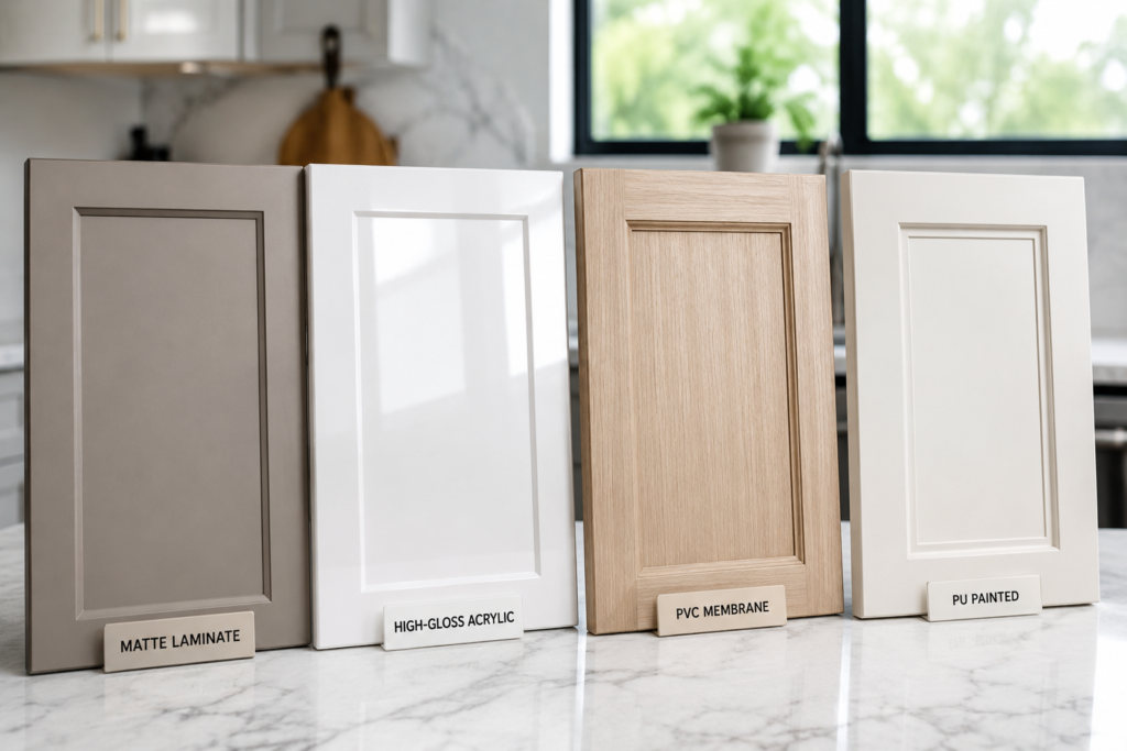 Four modular kitchen shutter finish samples-laminate, acrylic, membrane, PU-displayed side by side in an Indian home setting