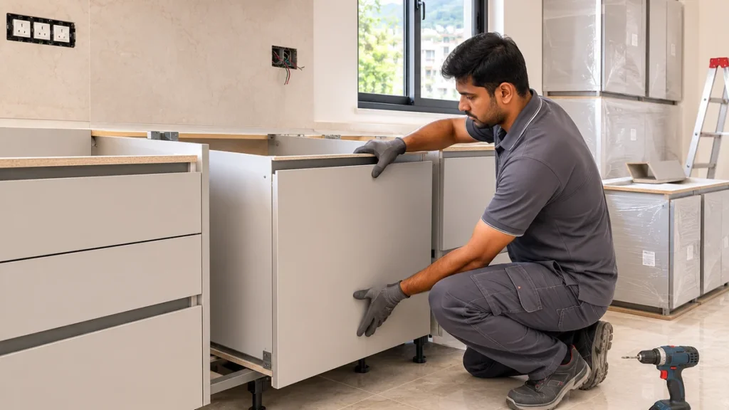 A professional installer fitting modular kitchen cabinet modules during a 10-day express installation in a Dehradun apartment