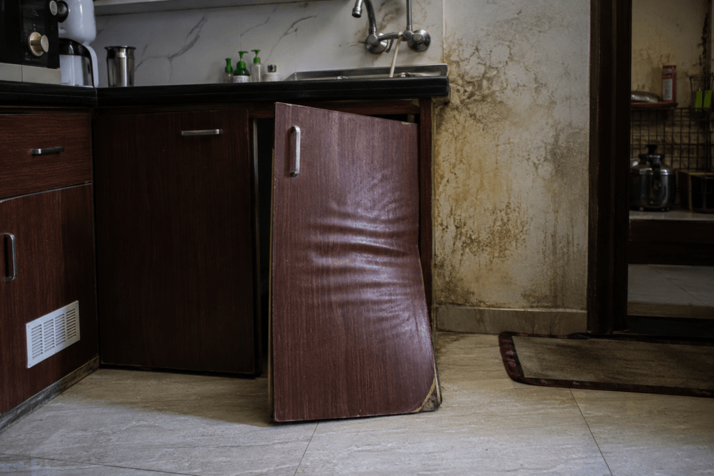 Modular kitchen cabinet damaged by monsoon humidity in a Dehradun ground-floor home showing swollen door and mold