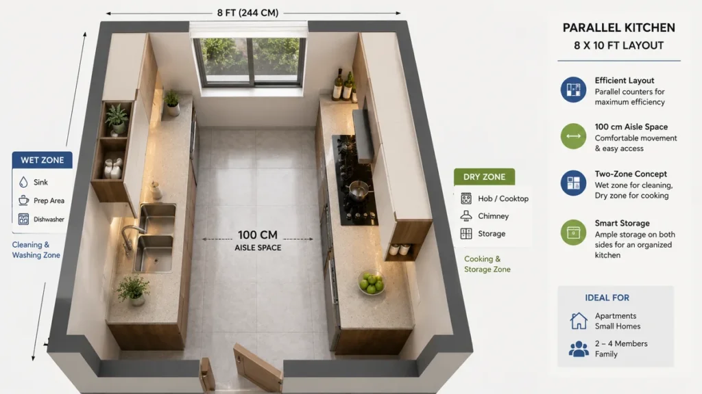 Parallel kitchen floor plan with labelled dimensions showing 90cm aisle, wet zone, and dry zone for a small Indian apartment